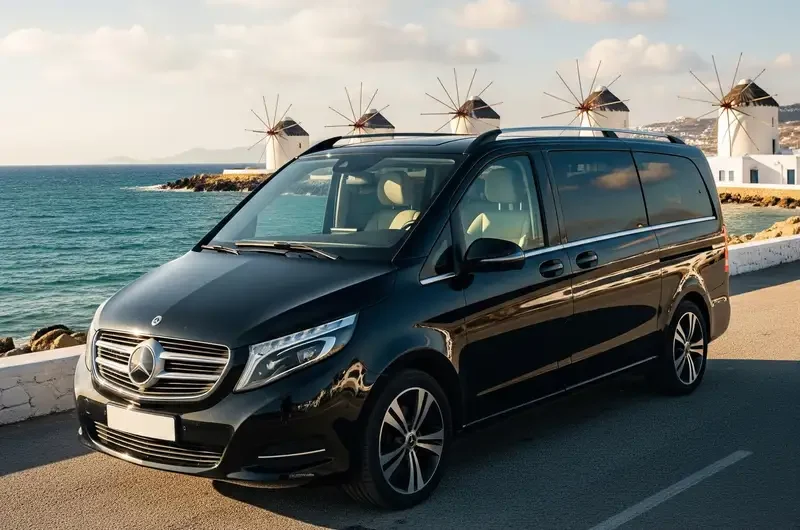 Mercedes Classe V noire à Mykonos, près des moulins